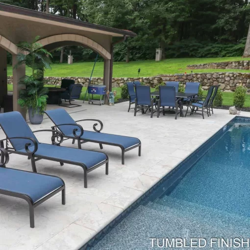 Poolside design enhanced with Crema Winter Marble by Elegance, featured in Hawthorne, NJ, and service areas.