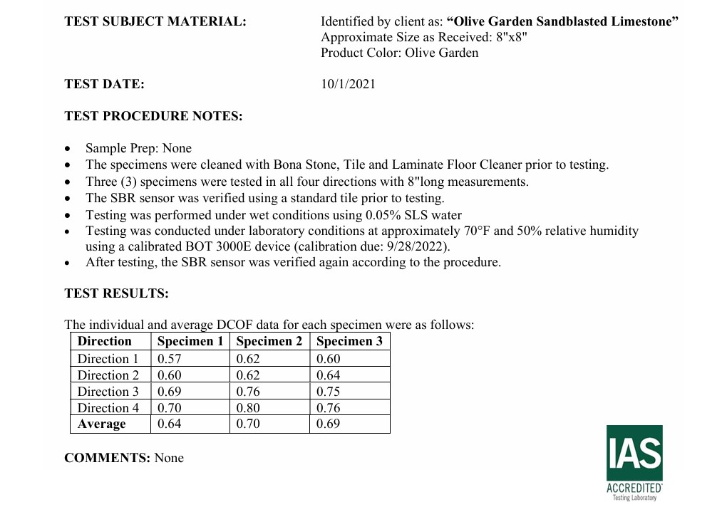 Heritage Olive Limestone Pavers Vs Indiana Limestone ANSI A326.3-2017 Dynamic Coefficient of Friction (DCOF) test report showing Heritage Olive Limestone