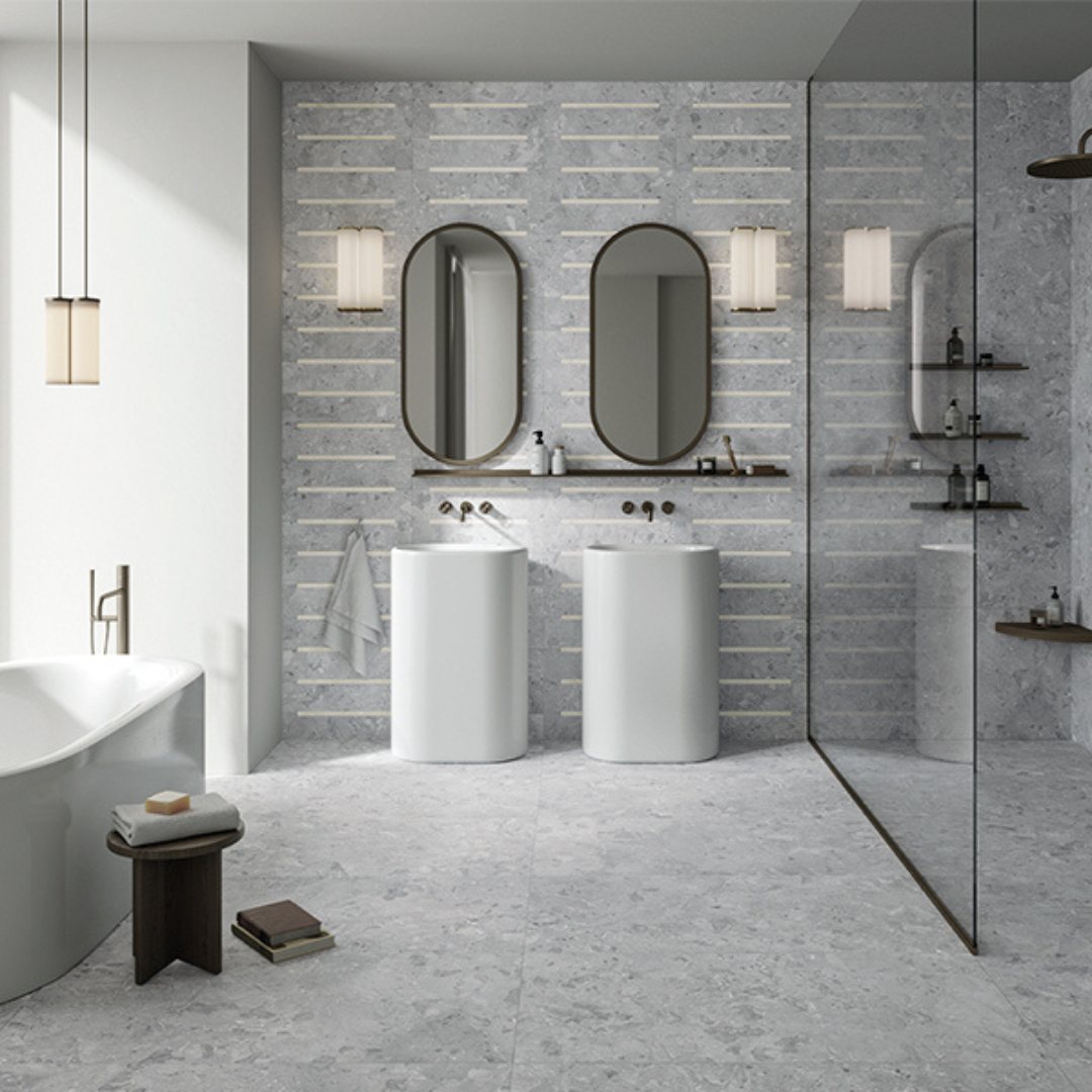 Bathroom Floor Tile Ideas Bathroom with gray matte porcelain tiles and modern double vanity – NT Pavers.