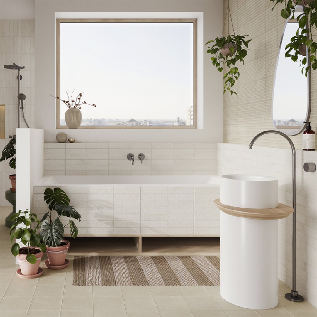 Bathroom Floor Tile Ideas Minimalist Bathroom with Light Beige Concrete-look Tiles and natural green plants
