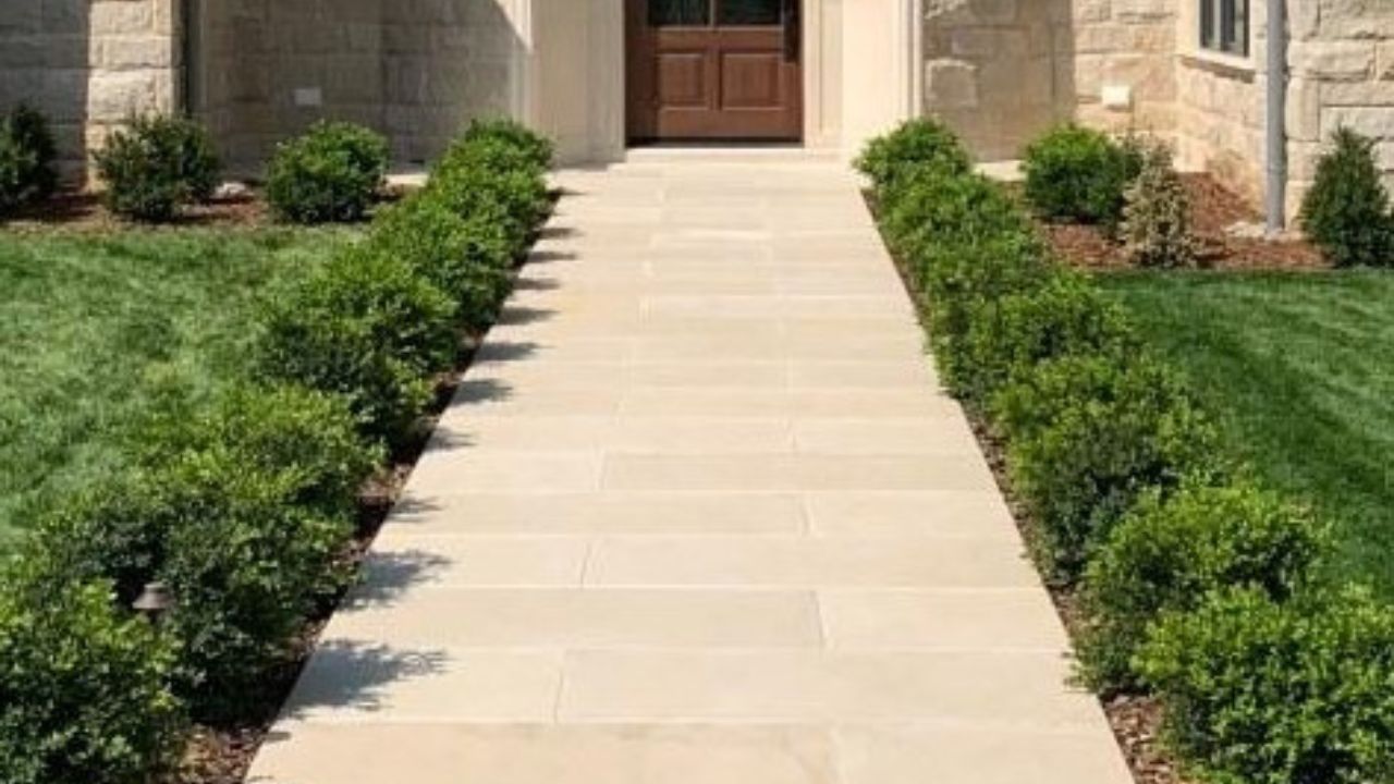 Sandstone Walkway Paver Ideas in Running Bond Pattern