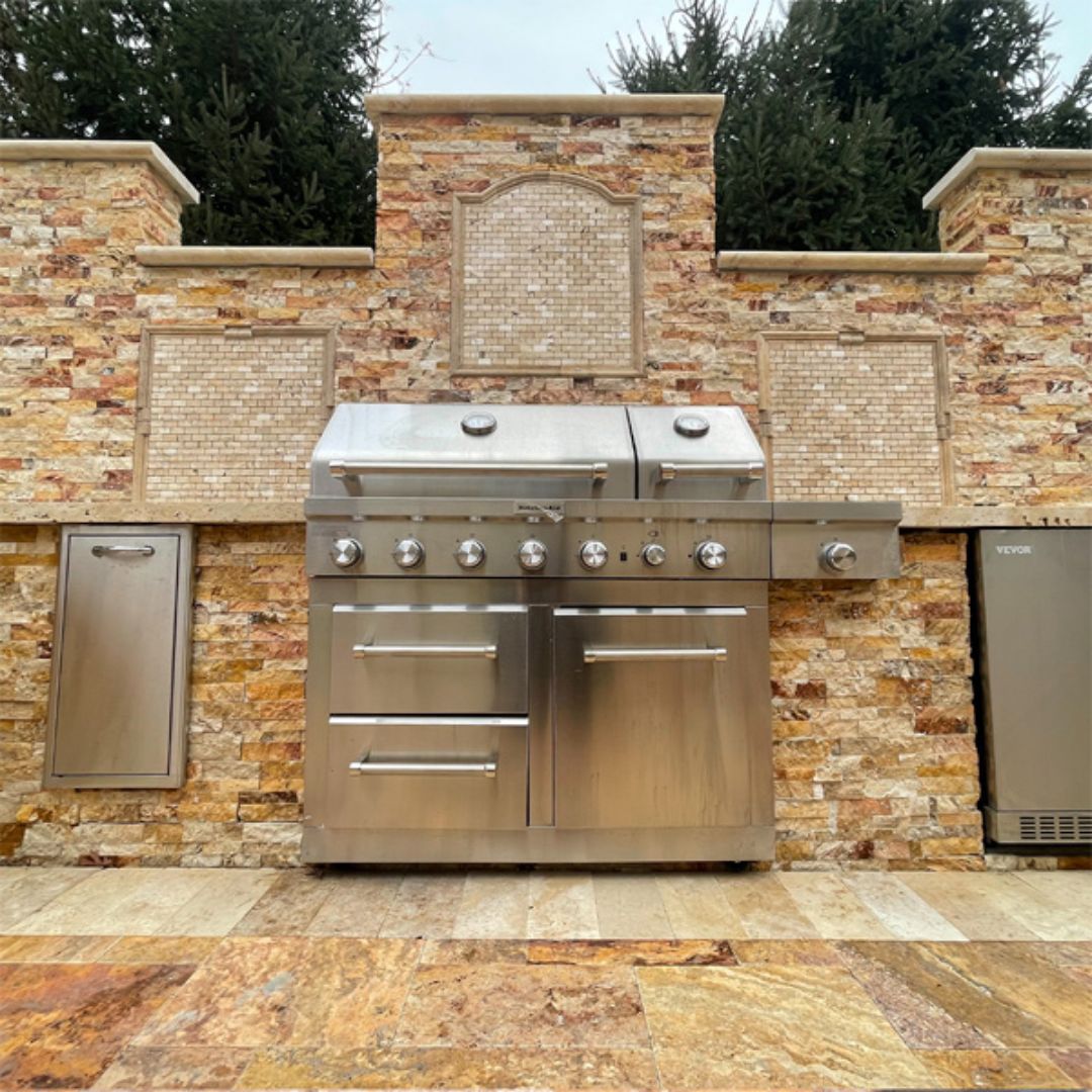 Mediterranean Courtyard Outdoor Kitchen Ideas Using Travertine