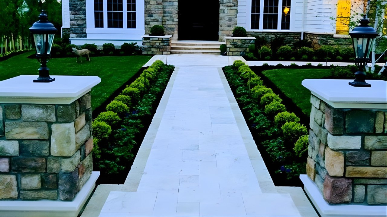 Walkway Paver Ideas That Boost Curb Appeal Instantly Interlocking Marble Paver Walkway with Inlay Border