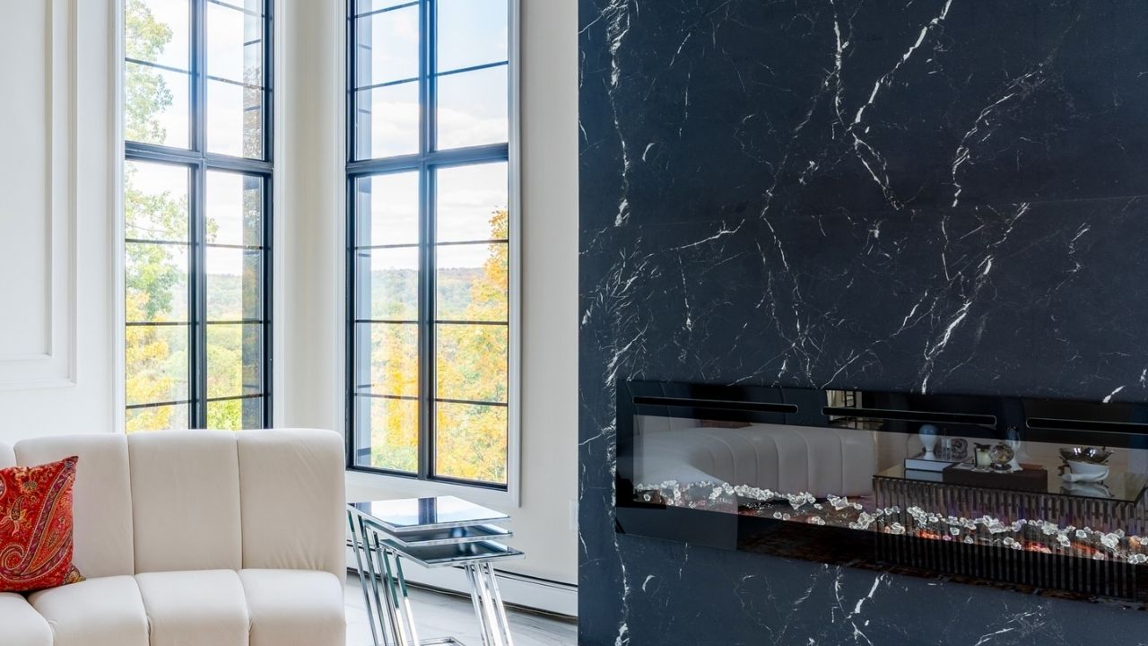 How to Choose a Porcelain Slab for a Fireplace? Large Format Marble Look Porcelain Slab for Fireplace