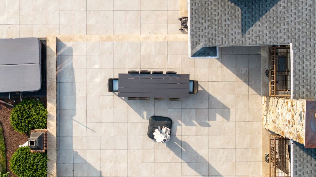 Outdoor paved patio with large-format pavers