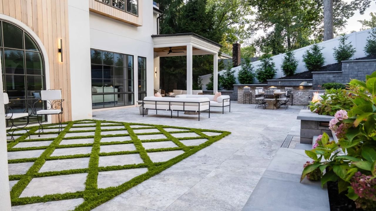 Empire Silver Travertine pavers used for a backyard patio and outdoor living space