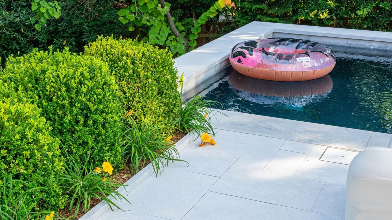Luxe Blue Marble Sandblasted Pool Deck around Saltwater Pool