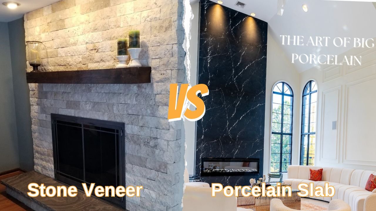 Budget fireplace makeover comparing stone veneer and porcelain slab over existing brick