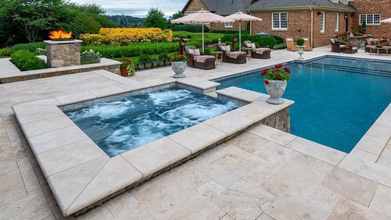 Vanilla Ivory Travertine Paving Around a Luxury Outdoor Spa